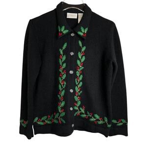 LIZ CLAIBORNE Wool Angora Embroidered Holly Button Cardigan Black Women’s M